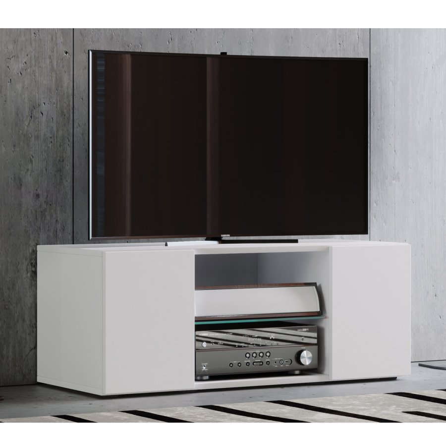 Lowina 95 TV-bord, m. 2 drer og 1 hylle - glass og hvitt tre