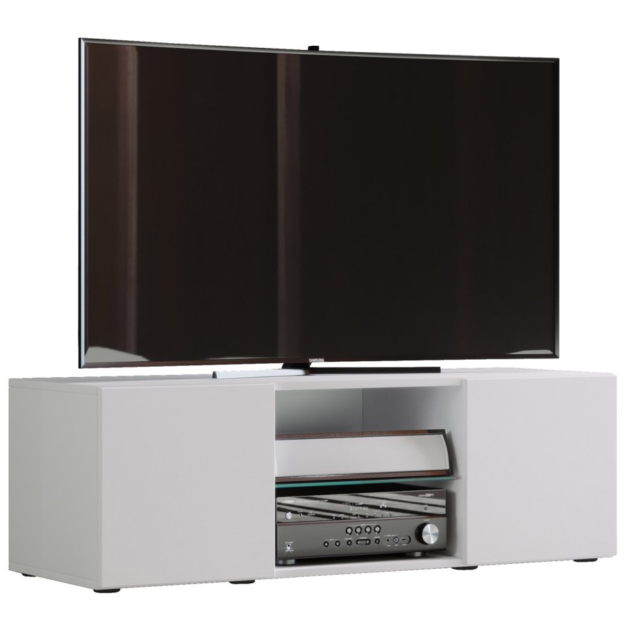 Lowina 115 TV-bord, m. 2 drer og 1 hylle - glass og hvitt tre