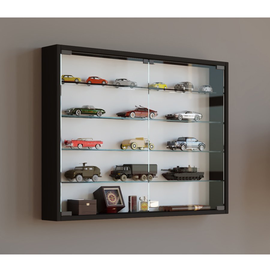 Mandosa L veggskap, m. 2 drer og 4 hyller - glass og sort tre