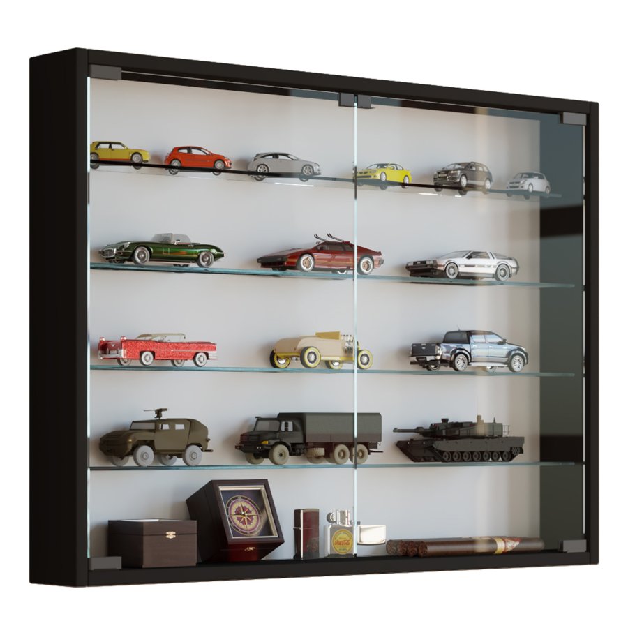 Mandosa L veggskap, m. 2 drer og 4 hyller - glass og sort tre