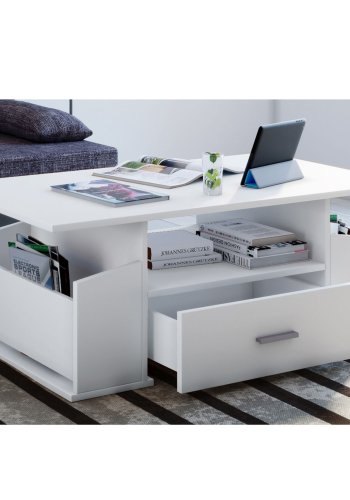 Junata sofabord, m. 2 rom, 1 hylle og 1 skuff - hvitt tre