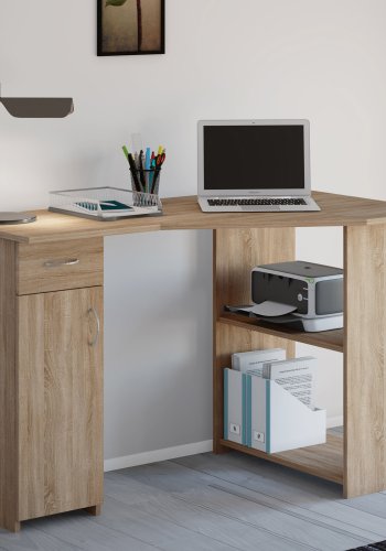Eckschreibtisch Linzia, mit 1 Tür, 2 Regalen und 1 Schublade – Naturholz