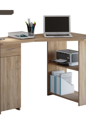 Eckschreibtisch Linzia, mit 1 Tür, 2 Regalen und 1 Schublade – Naturholz
