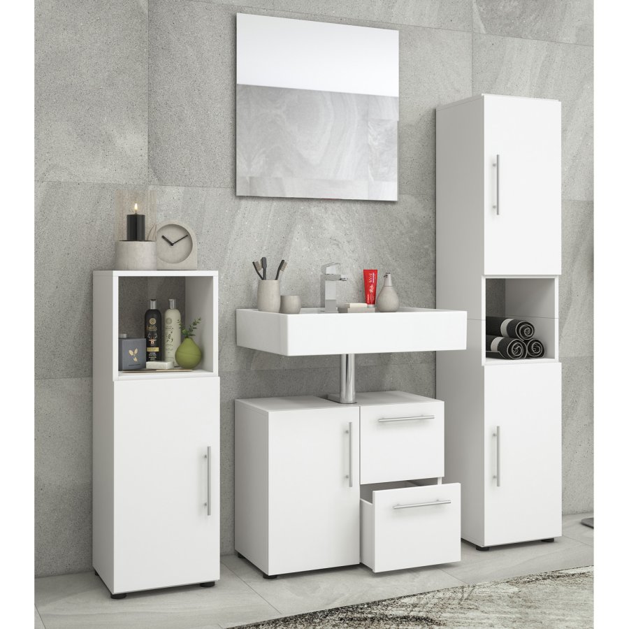 Flandu baderomsmbelsett - speilglass og hvitt tre (sett med 4)