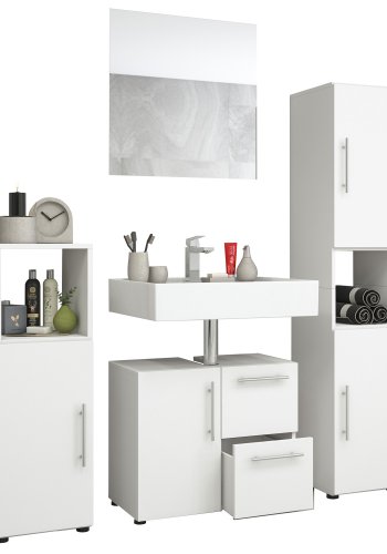 Flandu baderomsmbelsett - speilglass og hvitt tre (sett med 4)