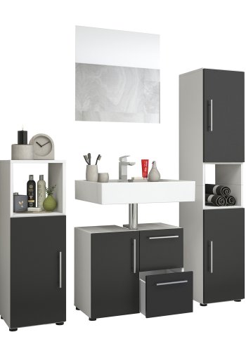 Flandu baderomsmbelsett - speilglass og svart tre (sett med 4)