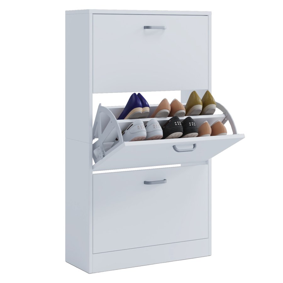 Sipos L skoskap, m. 3 drer - hvitt tre