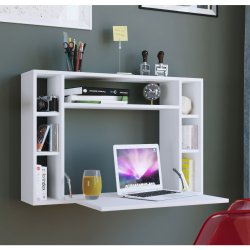 Wandila skrivebord til vggen, m. hylder - hvid tr