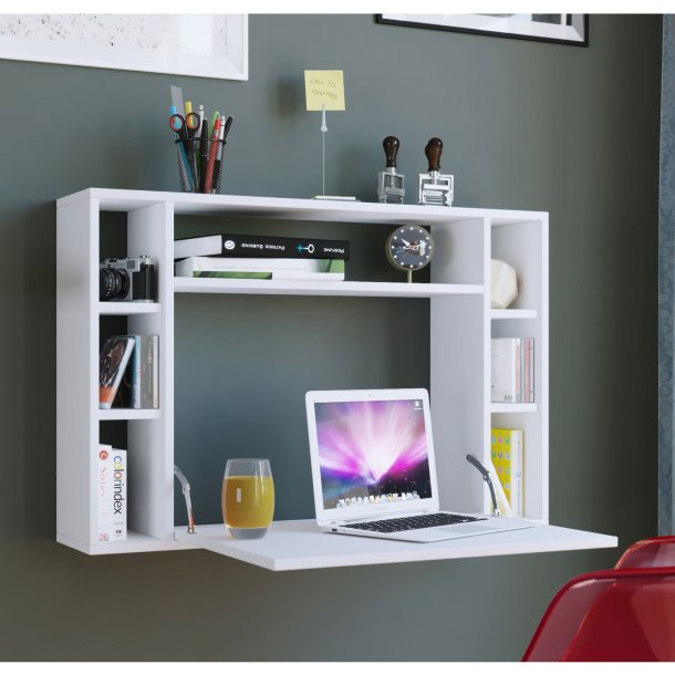 Wandila skrivebord til vggen, m. hylder - hvid tr