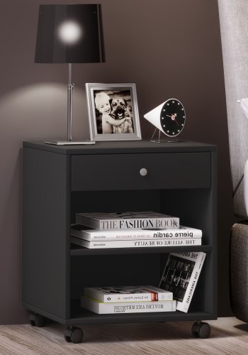 Rolda nattbord, m. 1 hylle og 1 skuff - sortlakert tre