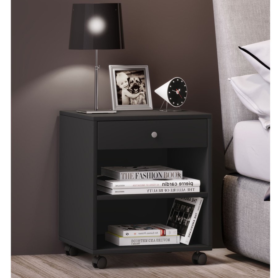 Rolda nattbord, m. 1 hylle og 1 skuff - sortlakert tre