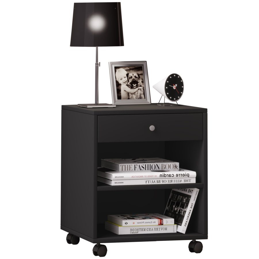 Rolda nattbord, m. 1 hylle og 1 skuff - sortlakert tre