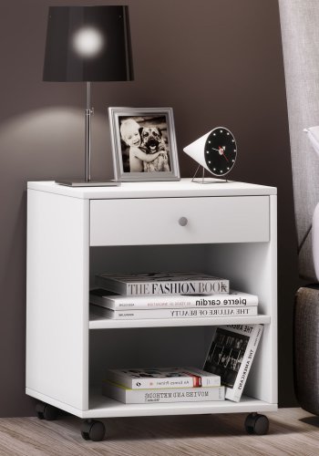 Rolda nattbord, m. 1 hylle og 1 skuff - hvitt tre