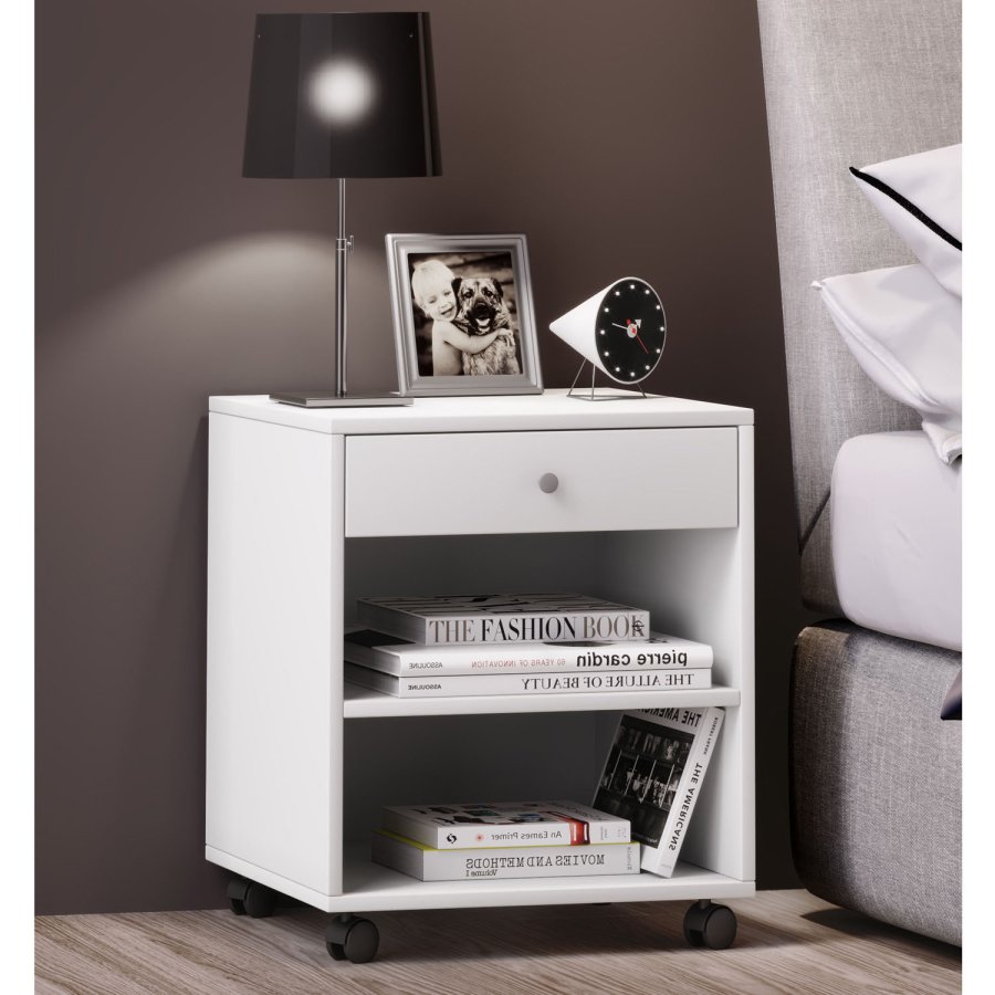 Rolda nattbord, m. 1 hylle og 1 skuff - hvitt tre