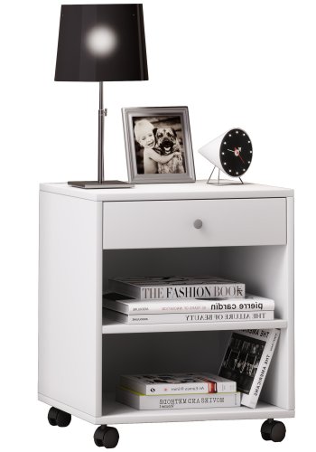 Rolda nattbord, m. 1 hylle og 1 skuff - hvitt tre