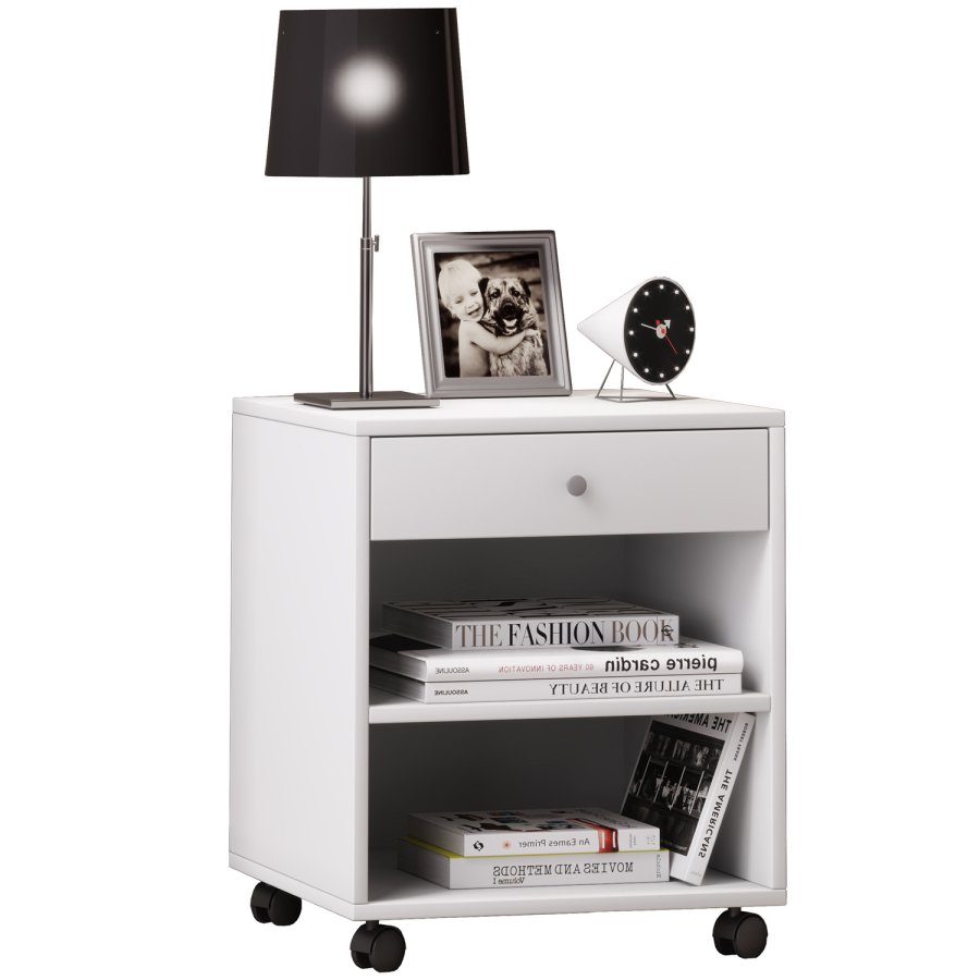 Rolda nattbord, m. 1 hylle og 1 skuff - hvitt tre