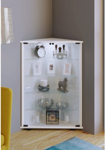 Jecka hjrneskab med LED, m 2 lger og 4 hylder - glas og hvid tr