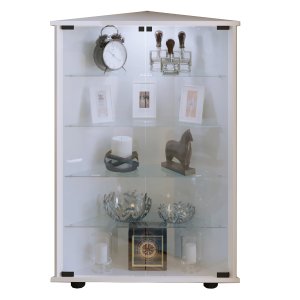 VCM NORDIC Jecka hörnskp med LED, w 2 luckor och 4 hyllplan - glas och vitt trä