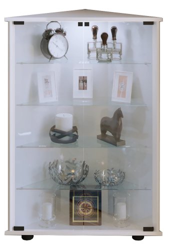 Jecka hjrneskab med LED, m 2 lger og 4 hylder - glas og hvid tr