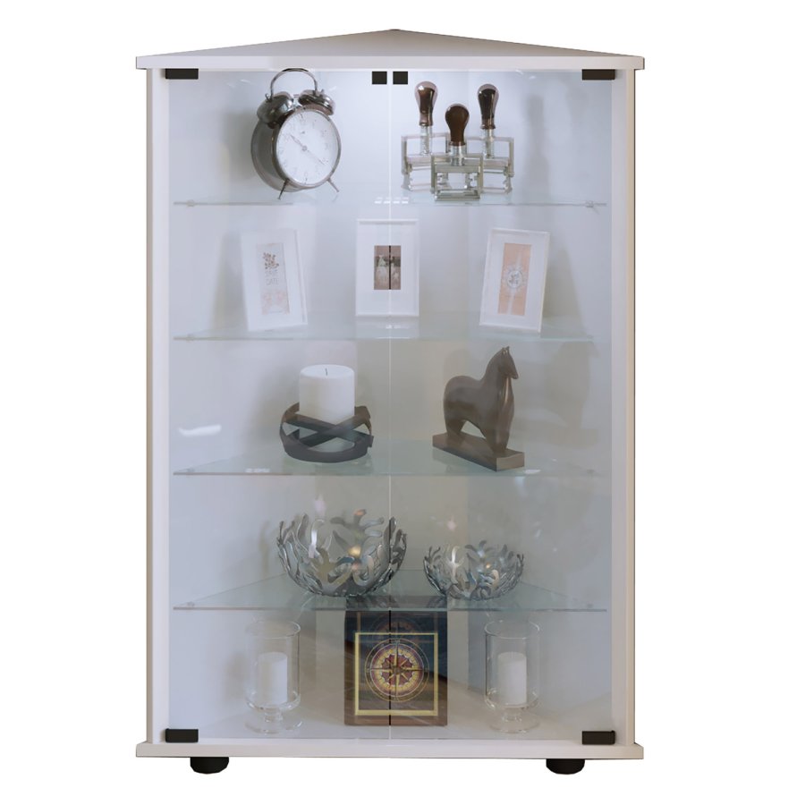 Jecka hjrneskab, m. 2 drer og 4 hyller - glass og hvitt tre