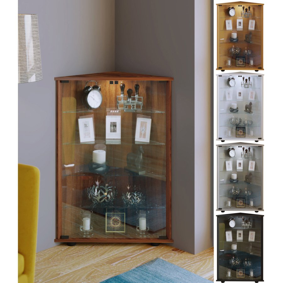 Jecka hjrneskab med LED, m 2 lger og 4 hylder - glas og hvid tr