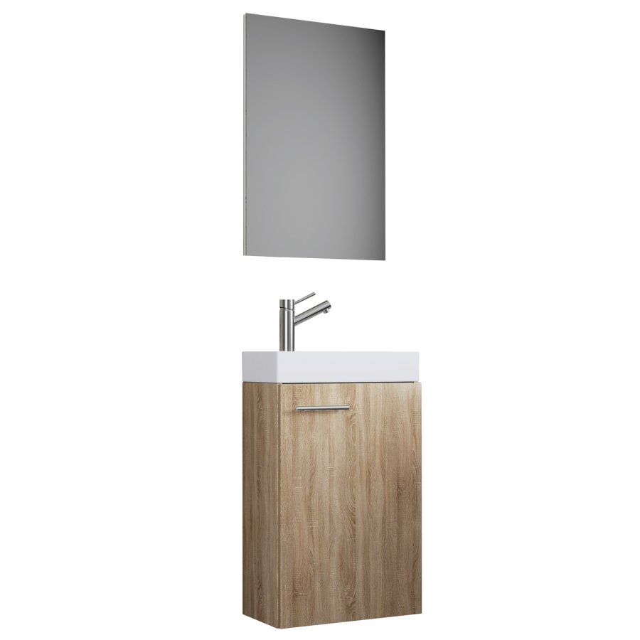 Slito baderomsmbelsett - speilglass, keramikk og naturlig tre