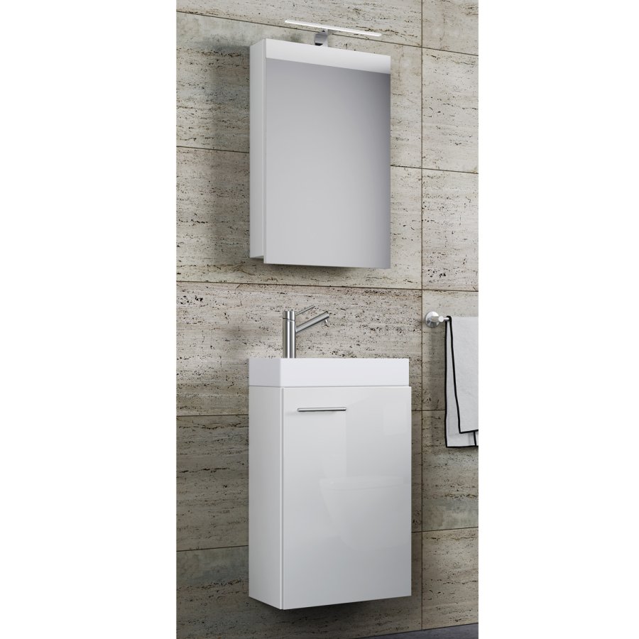 Slito baderomsmbelsett - speilglass, keramikk og hvitt tre