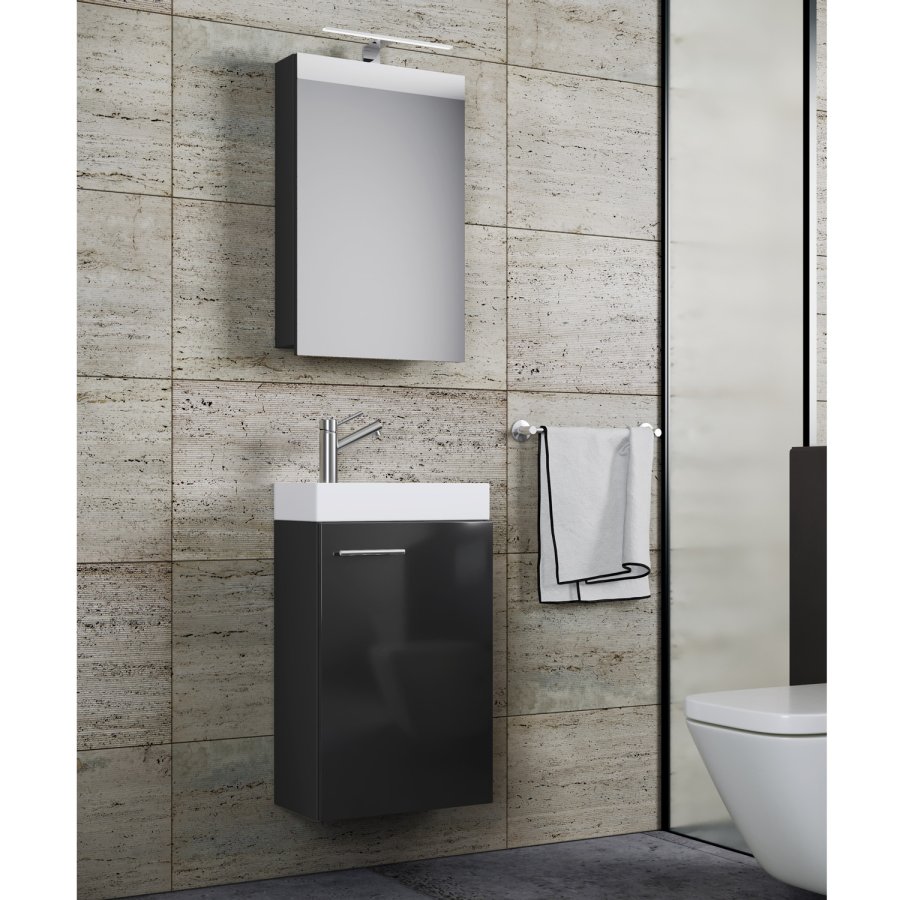 Slito baderomsmbelsett - speilglass, keramikk og svart tre