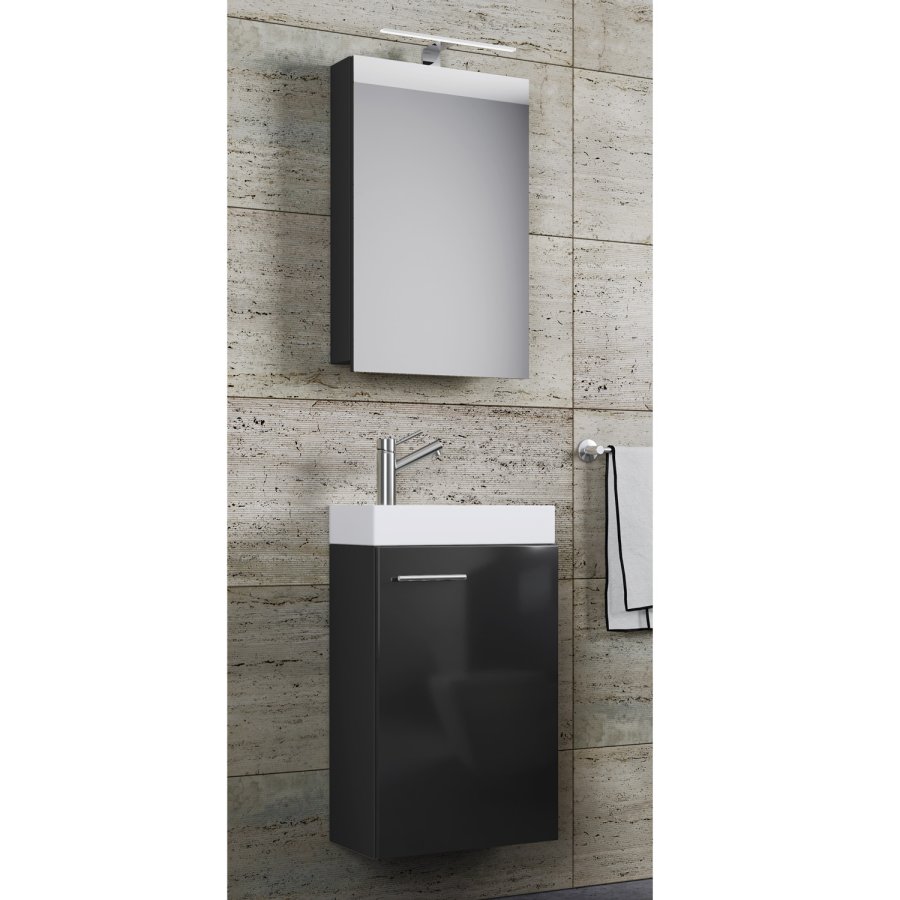 Slito baderomsmbelsett - speilglass, keramikk og svart tre