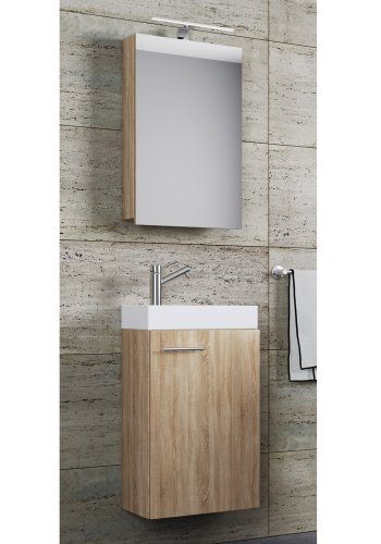 Slito baderomsmbelsett - speilglass, keramikk og naturlig tre