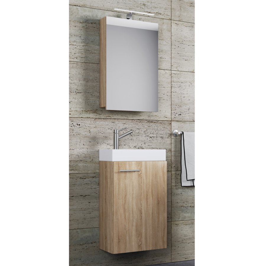 Slito baderomsmbelsett - speilglass, keramikk og naturlig tre