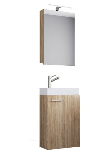 Slito baderomsmbelsett - speilglass, keramikk og naturlig tre