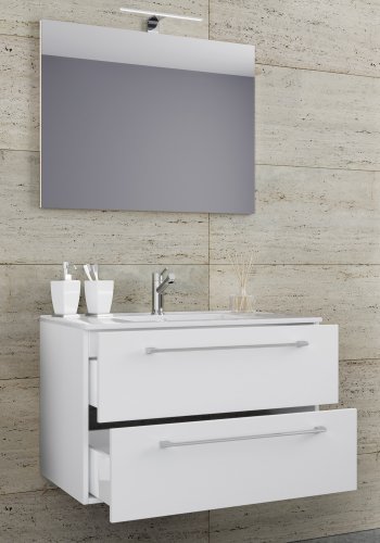 Sentas baderomsmbelsett - speilglass, keramikk og hvit melamin