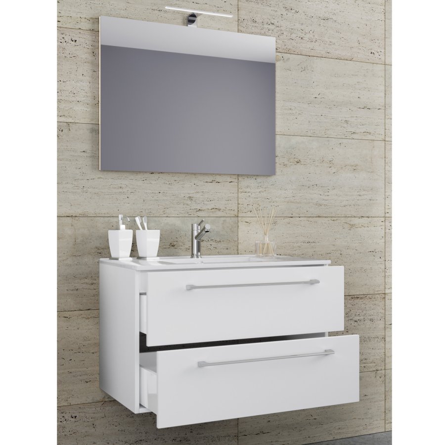 Sentas baderomsmbelsett - speilglass, keramikk og hvit melamin