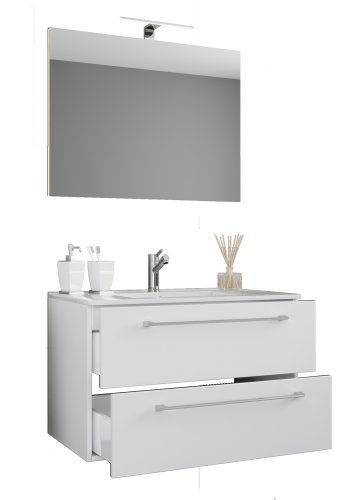 Sentas baderomsmbelsett - speilglass, keramikk og hvit melamin