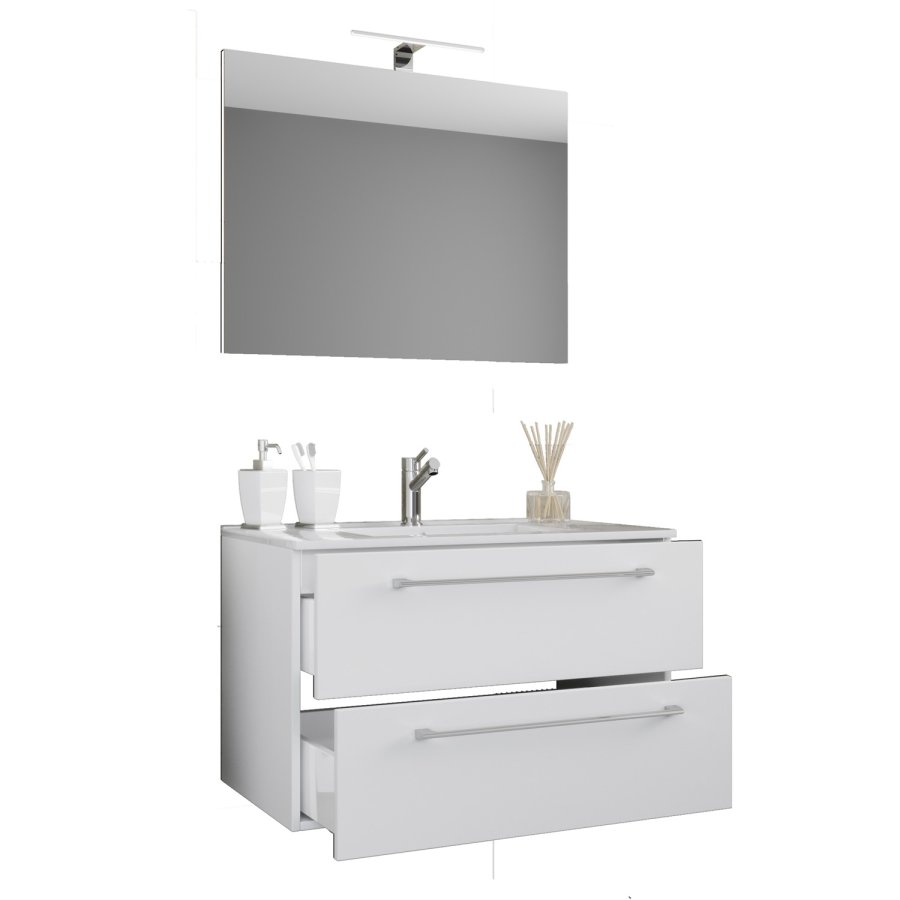 Sentas baderomsmbelsett - speilglass, keramikk og hvit melamin