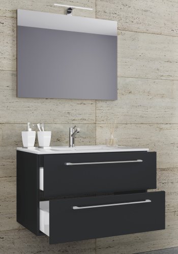 Sentas baderomsmbelsett - speilglass, keramikk og hvit melamin