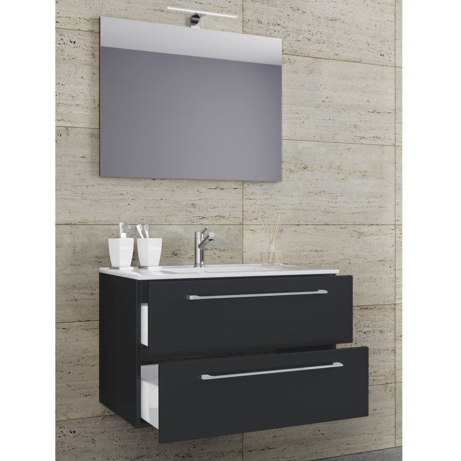 Sentas baderomsmbelsett - speilglass, keramikk og hvit melamin