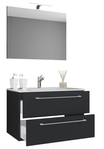 Sentas baderomsmbelsett - speilglass, keramikk og hvit melamin