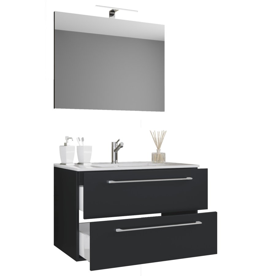 Sentas baderomsmbelsett - speilglass, keramikk og hvit melamin