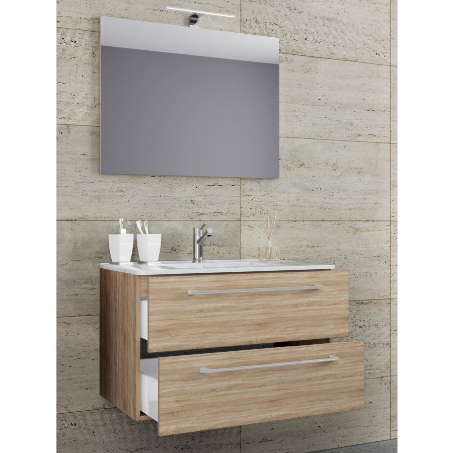 Sentas baderomsmbelsett - speilglass, keramikk og naturlig melamin