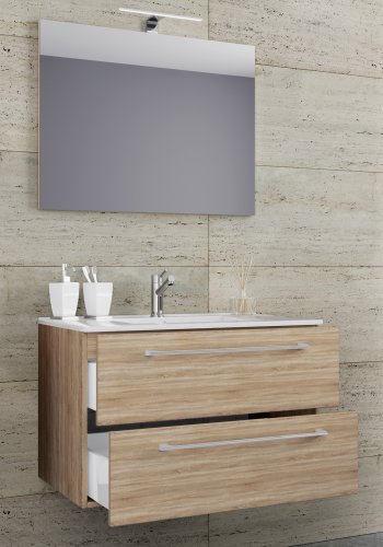 Sentas baderomsmbelsett - speilglass, keramikk og naturlig melamin