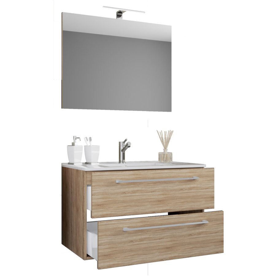 Sentas baderomsmbelsett - speilglass, keramikk og naturlig melamin