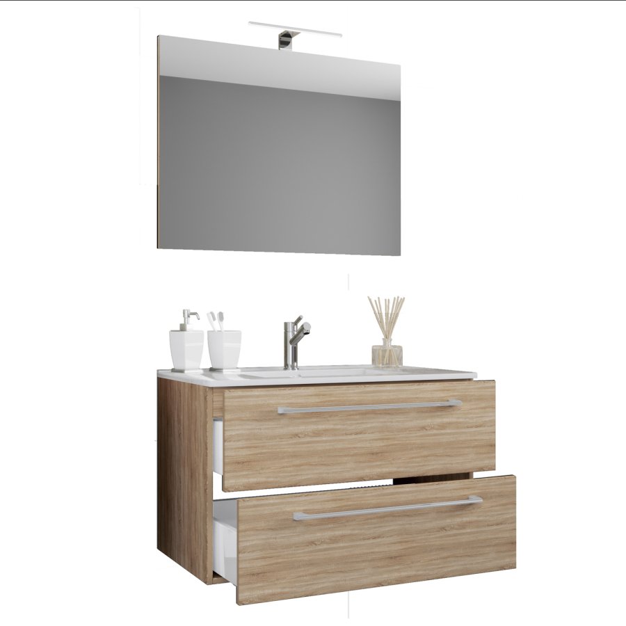 Sentas baderomsmbelsett - speilglass, keramikk og naturlig melamin