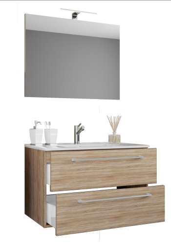 Sentas baderomsmbelsett - speilglass, keramikk og naturlig melamin