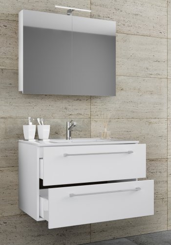 Sentas baderomsmbelsett - speilglass, keramikk og hvit melamin