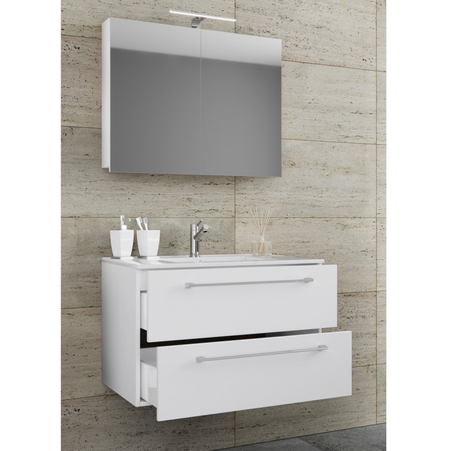 Sentas baderomsmbelsett - speilglass, keramikk og hvit melamin