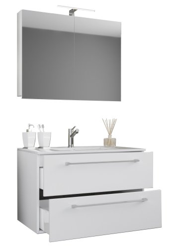 Sentas baderomsmbelsett - speilglass, keramikk og hvit melamin