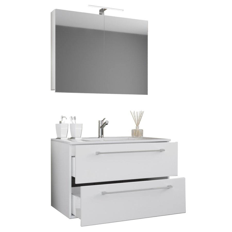 Sentas baderomsmbelsett - speilglass, keramikk og hvit melamin