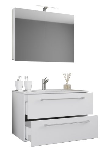 Sentas baderomsmbelsett - speilglass, keramikk og hvit melamin